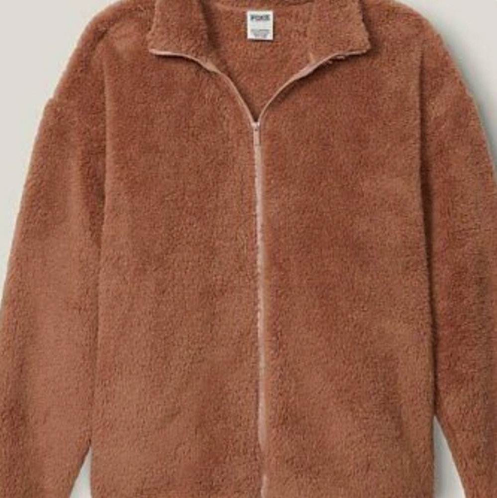 NWT VICTORIA'S SECRET PINK TEDDY FULL ZIP SHERPA JACKET in STUCCO BEIGE XXL